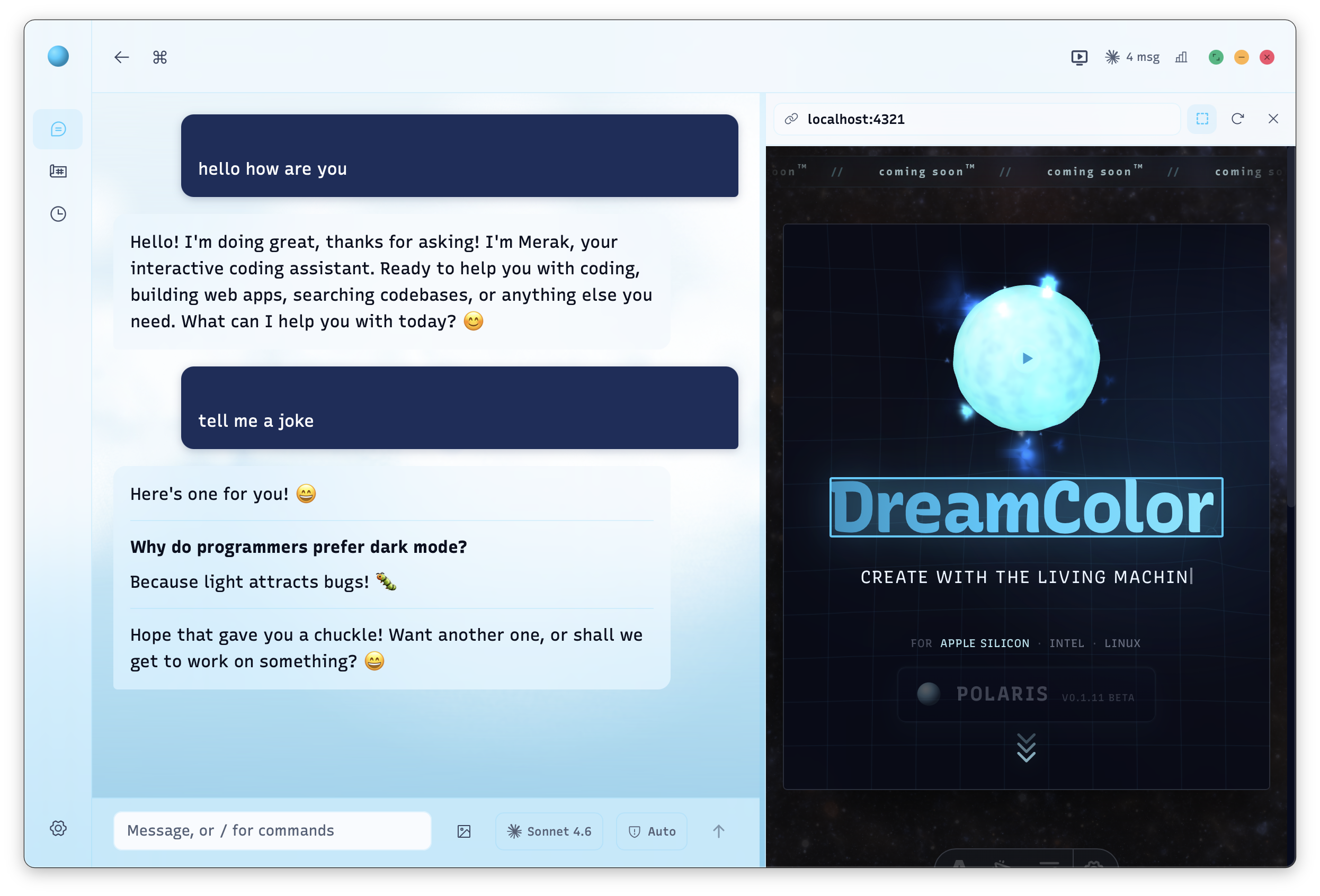 Merak chat workspace beside the DreamColor preview